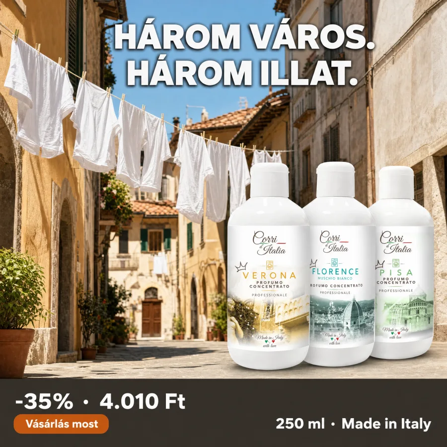 Magyar nyelvű hirdetési kreatív AI-val készült termékképpel: három mosóparfüm egy olasz utcában